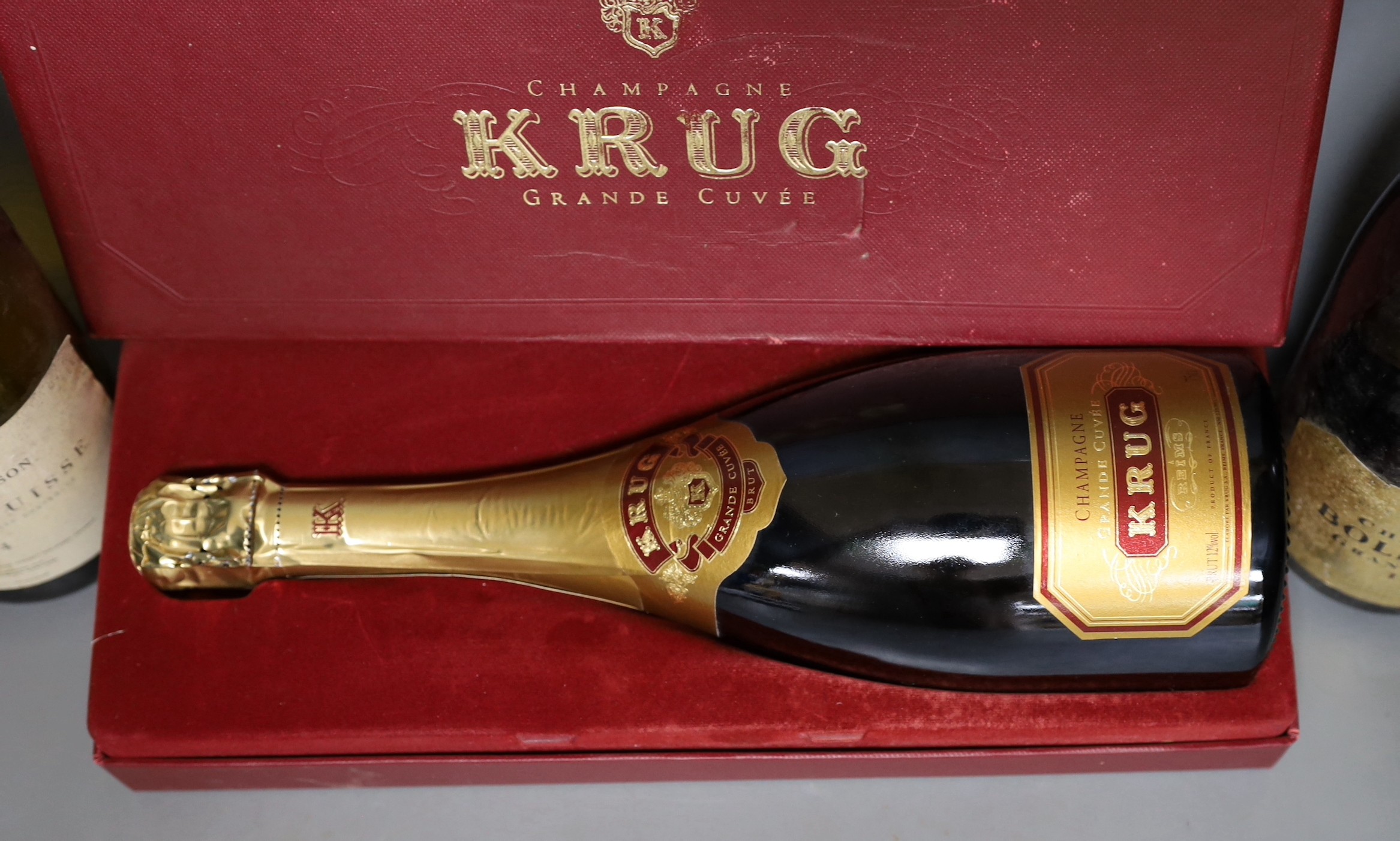 One bottle of Bollinger vintage champagne, 1989, one boxed bottle of Krug (NV) and a bottle of 2004 Pouilly Fuisse